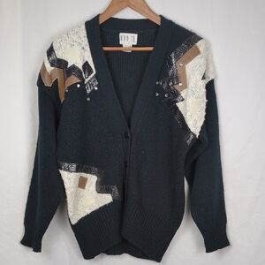 ROUGE Women's 80s Inspiried Black Cardigan Sweater Leather Accents